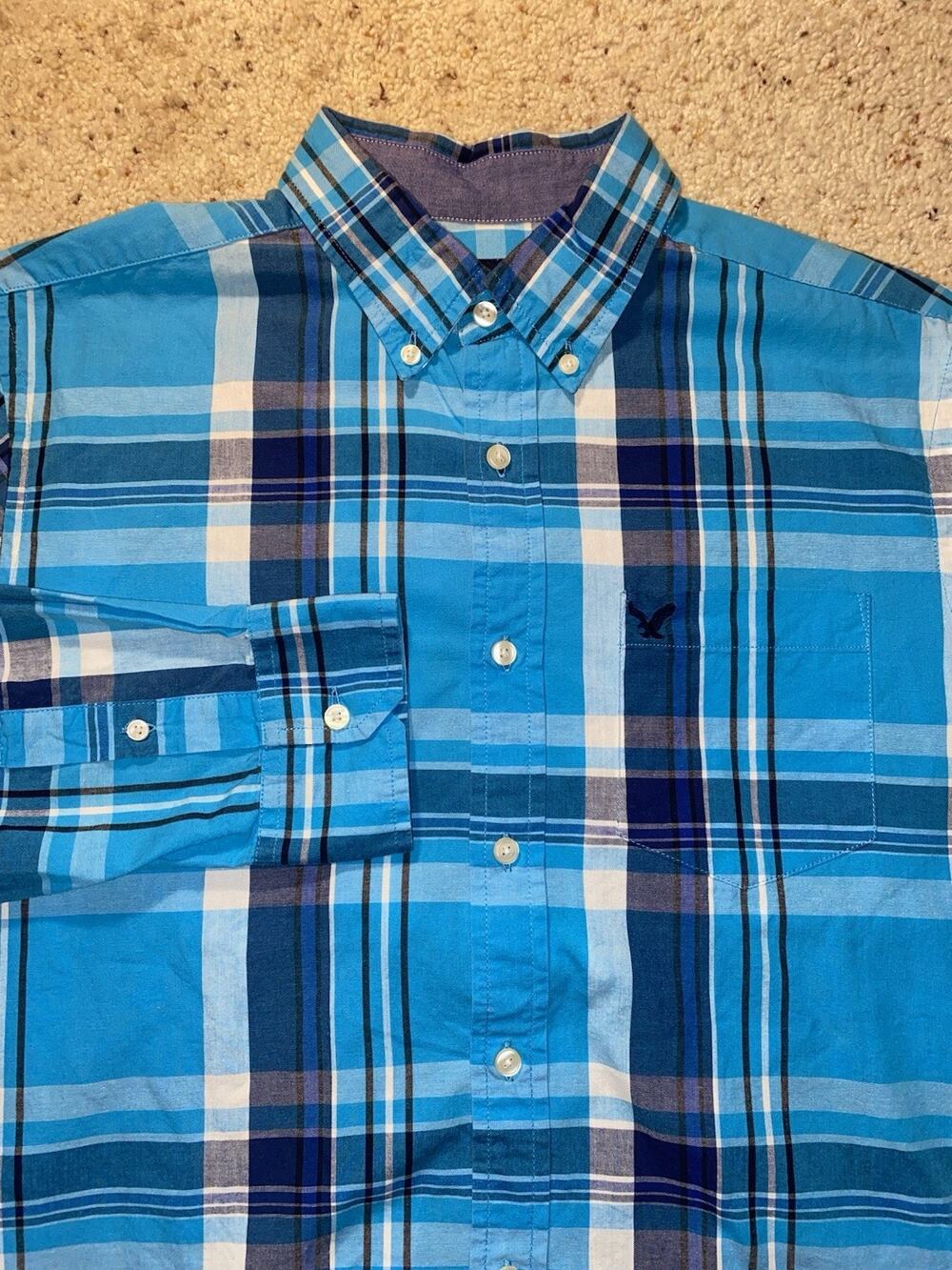 American Eagle Mens Medium Button Up Down Classic Fit Blue Plaid Beach Shirt